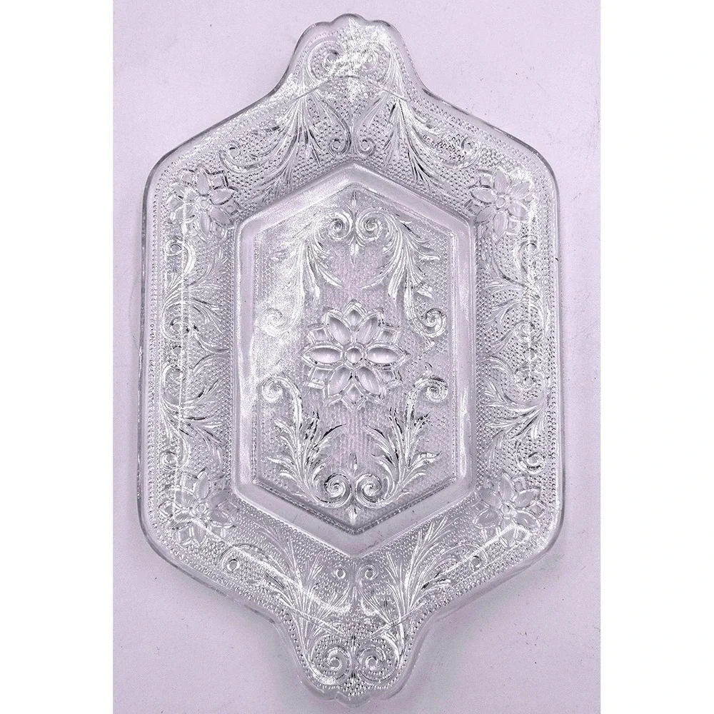 Vintage Clear Glass Embossed Floral Pattern Creamer and Sugar Bowl‎ with Tray